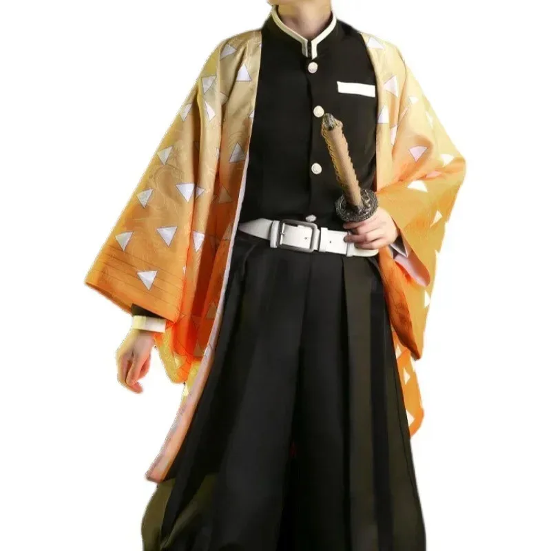 Dd12anime demon slayer agatsuma zenitsu cosplay traje kimetsu não yaiba quimono uniforme terno manto roupas de festa halloween costu