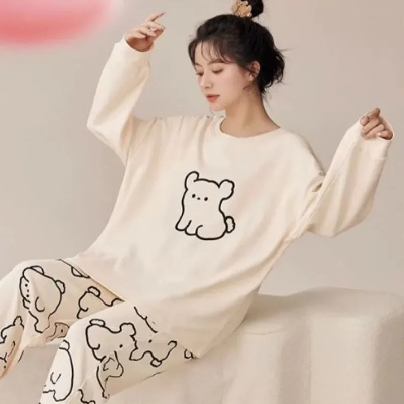 Spring and Autumn new women's pajamas set cute puppy print with cushion cotton long-sleeved long pants sleepwear casual homewear