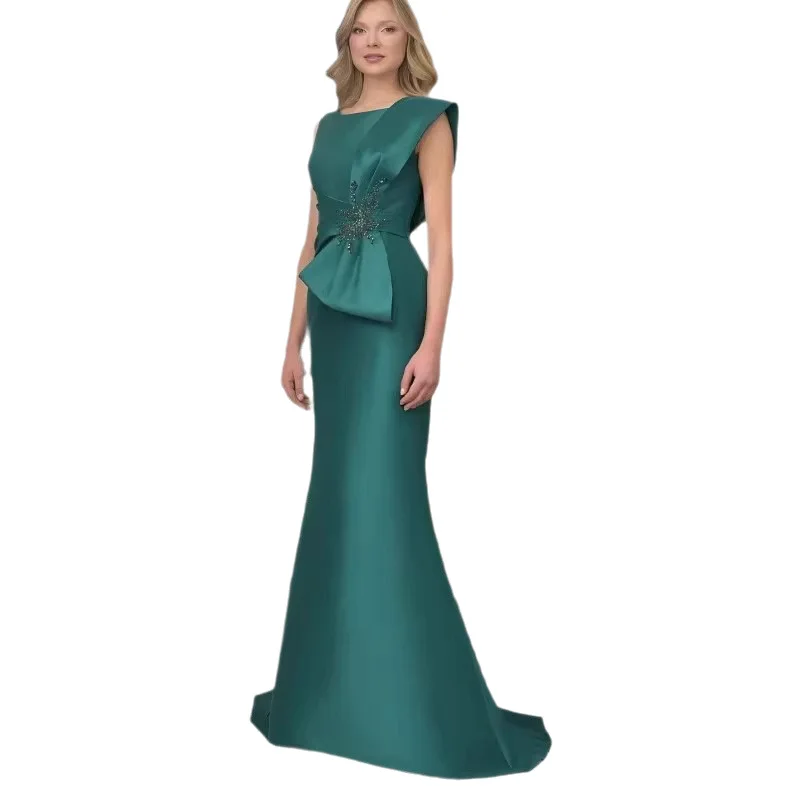Abito da sera a sirena QMANSHA Couture verde smeraldo in raso per donna, con dettagli a fiocco e perline, maniche a cappuccio, abito formale con strascico