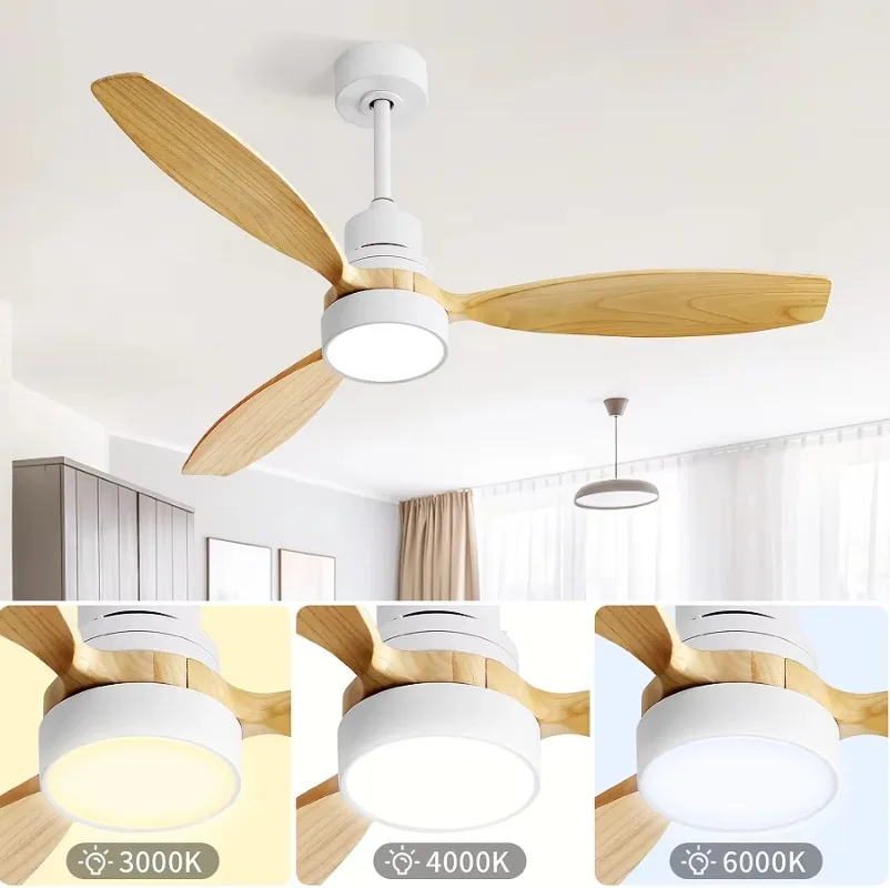 52 Inch Indoor Modern Ceiling Fan White 3 Solid Wood Blades Remote Control Reversible DC Motor Led Light Multi-Function