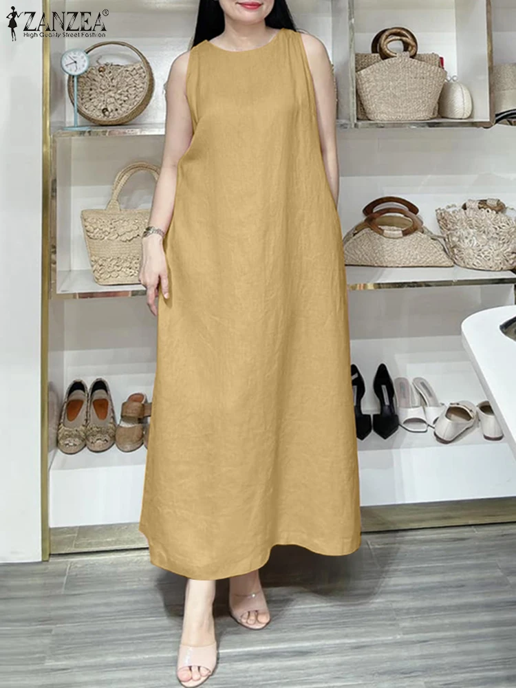 ZANZEA Casual mouwloze A-lijn gewaden Femme effen kleur 2025, zomer O-hals dagkleding zonnejurk alledaagse vrouw losse maxi-jurken