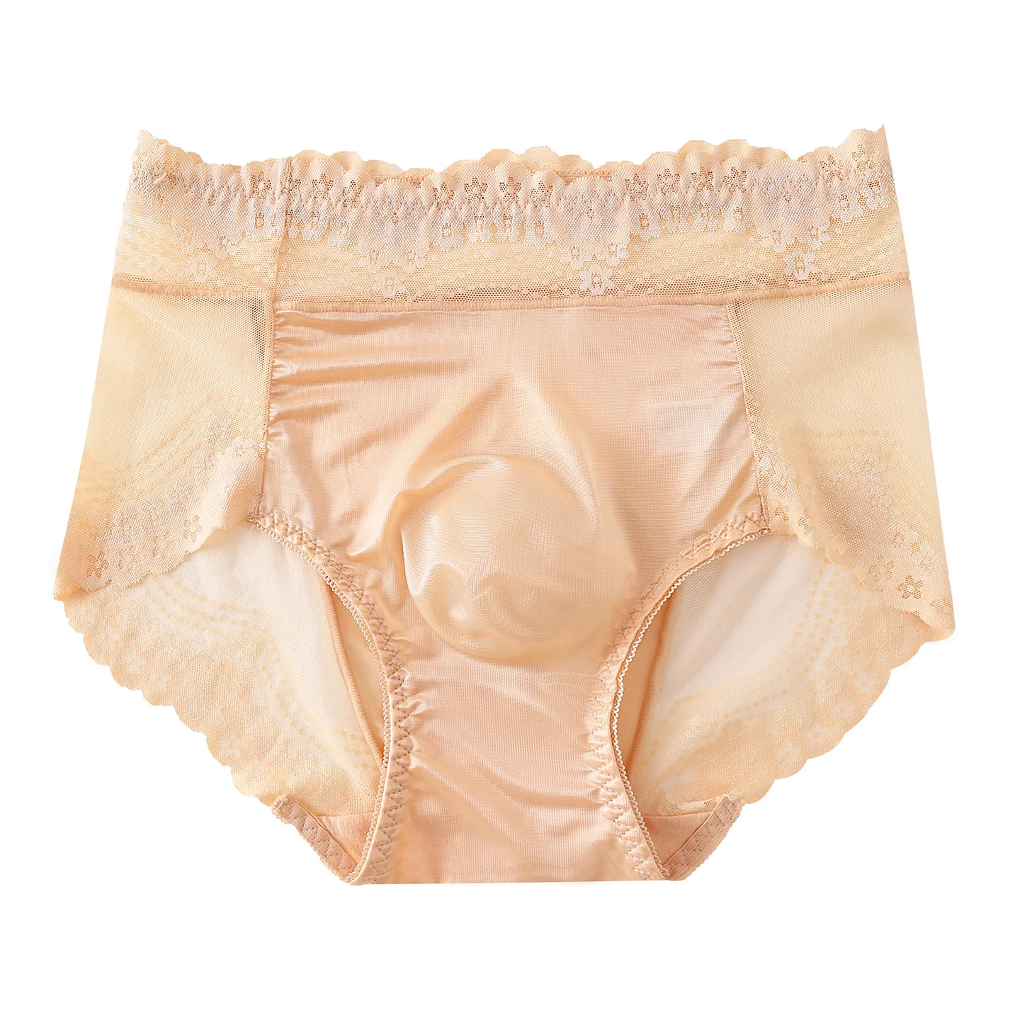 Men's Bulge  French Lace Trim Ice Silk Briefs 3D U-Convex Pouch Breathable Summer Sexy Underwear Siissy Crossdressing Underpants