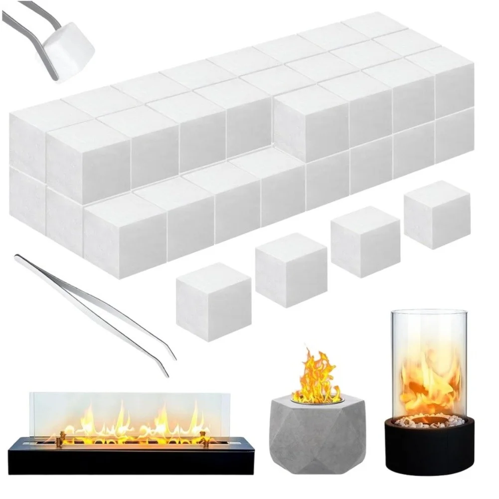 48 Fiber Cotton Blocks with Tweezers for Steady Heat Output in Small-Scale Fire Pits and Portable Ethanol Stoves