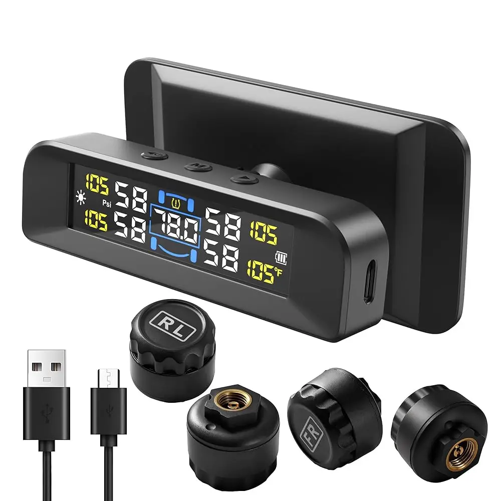 

4 Sensors TPMS Tire Pressure Monitoring System, 6 Smart Safety Alerts, Adaptive Bright LCD, Solar/USB Charging, 0-6 Bar/87 PS