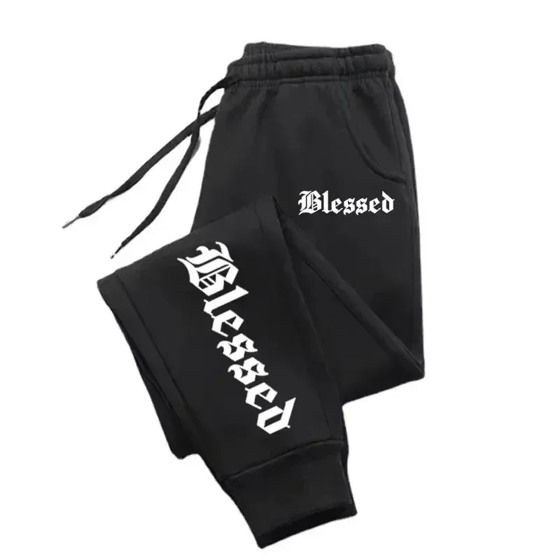 Autumn and Winter Blessing Letter Print Sports Pants Adult Men's Drawstring Sports Y2K Trousers Casual Jogging Sports Pants