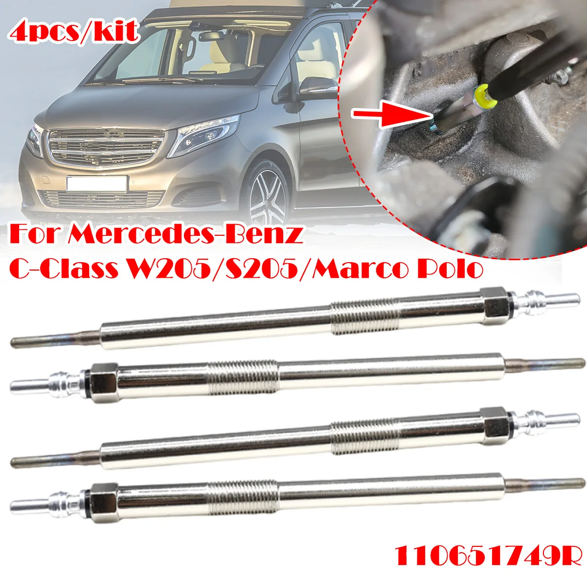 4 Stück Diesel-Heizungs-Glühkerzen mit Nickelbeschichtung, 4,5 V, für Mercedes-Benz C-Klasse W205 S205 Marco Polo 6221590001 110651749R 110650819R