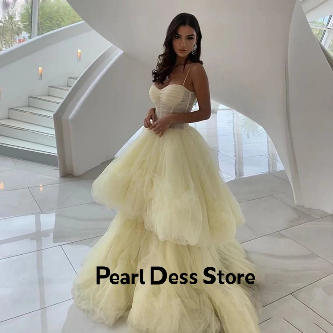 Adult Dress Prom Dress Party Dress Layered Organza 2023 Thin Shoulder Strap Light Yellow Celebrity Serenehill