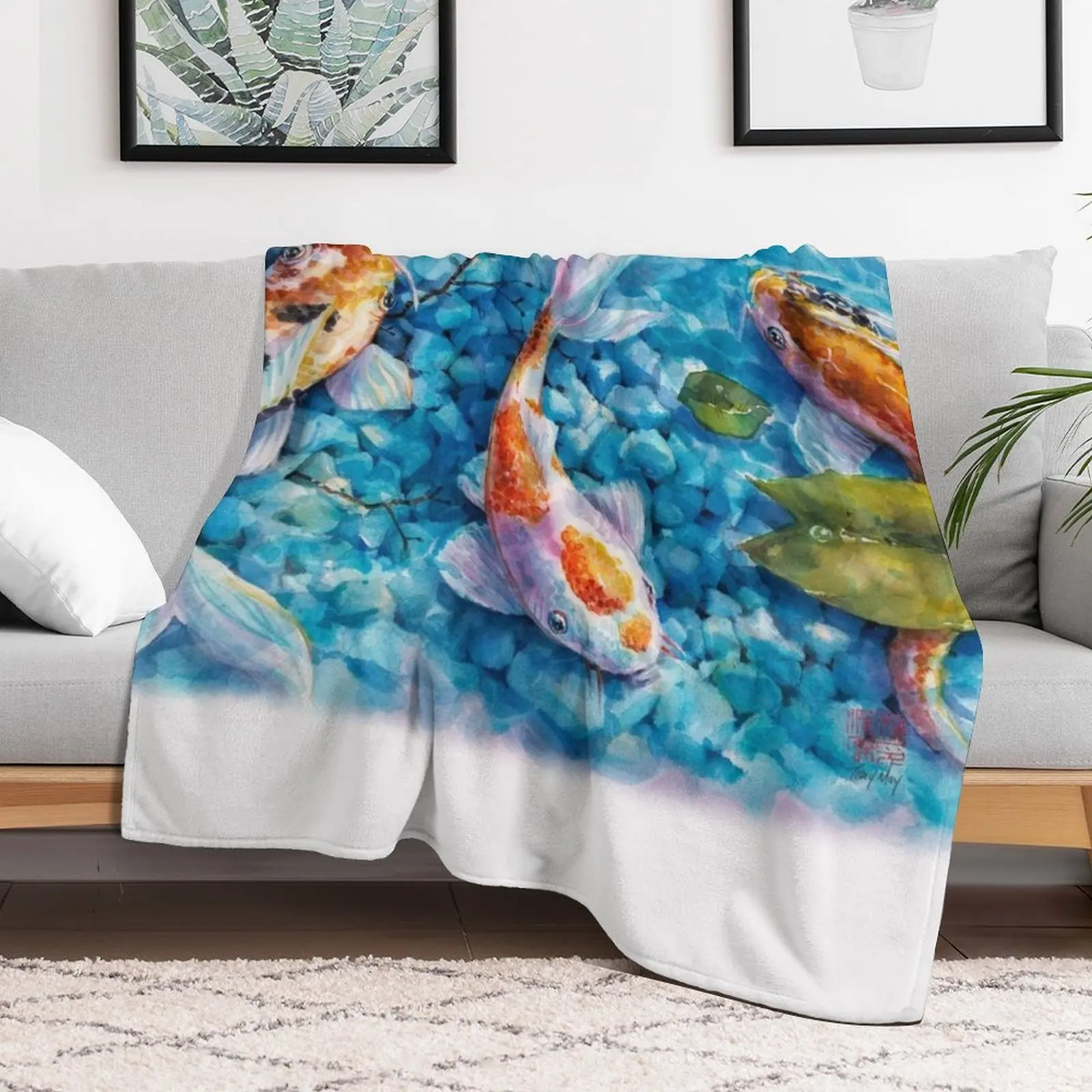 Tranquil Travelers- Koi Pond Watercolor Throw Blanket Soft Home Decor Blanket for Couch Bedroom