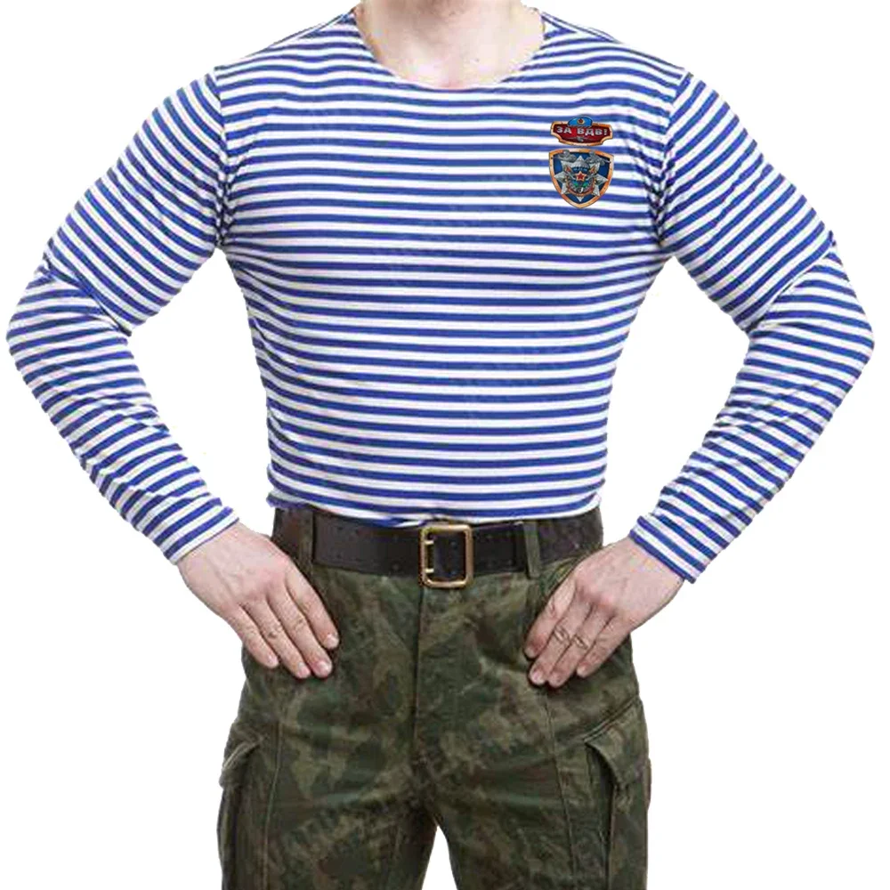 Russian Soviet Airborne Medal VDV Paratrooper Sailor\'s Striped Shirt Polyester Cotton Long Sleeve Stripes T-Shirt Telnyashka Top