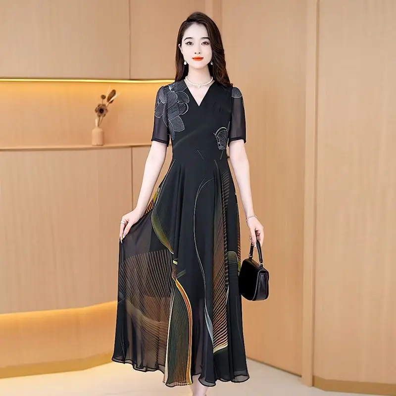 

Fashion V-Neck Spliced Folds Chiffon Printed Vintage Dress Women's Clothing 2024 Summer New Loose Office Lady Midi Dress