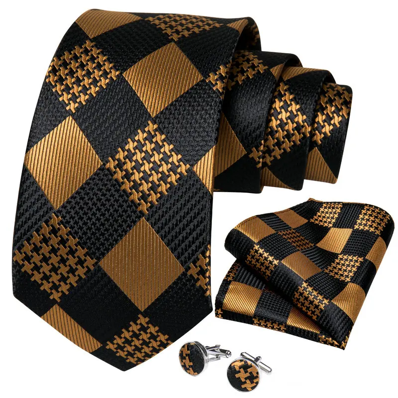 Mens 3pcs Set Plaid Pattern Necktie, Paired Pocket Square & Cufflinks, Ideal Gift Choice For Groom Wedding Prom Formal Events