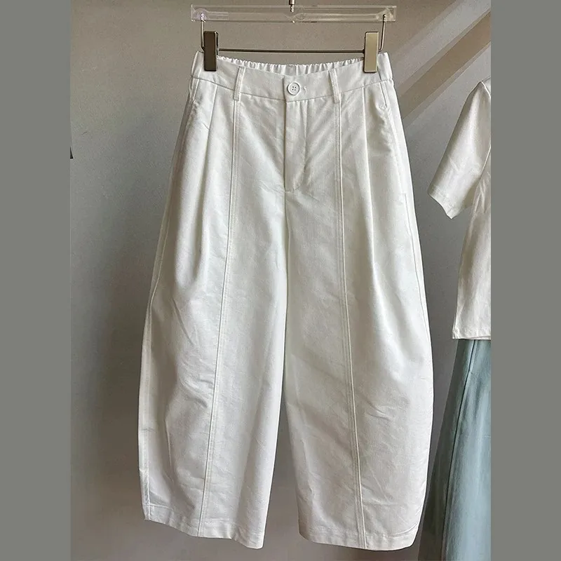 2026 High Waist Wide Leg Pants Women's Casual White Summer Korean Style Commute Simple Straight Cut Pants Loose Fit Nine Points