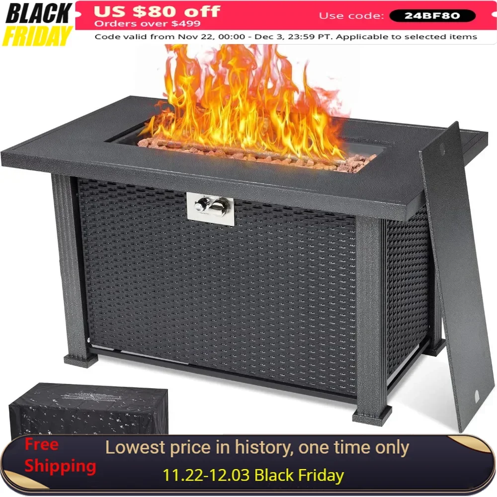 

44 Inch Fire Pit Table, Cover & Rain Cover, Sturdy Steel & Iron Fence Surface, CSA Certified, Rectangle Propane Fire Pit Table