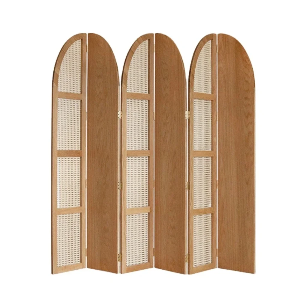 Solid Wood Art White Oak Modern Simple Rattan Woven Partition Nordic Household Living Room Mobile Divider Folding Screen