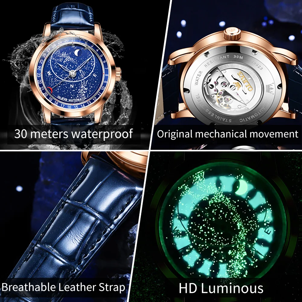 OLEVS 9923 Automatic Watch Luxury Starry Sky Rotation Seconds Mechanical Wristwatch Compass Moon Phase Waterproof Watch for Men