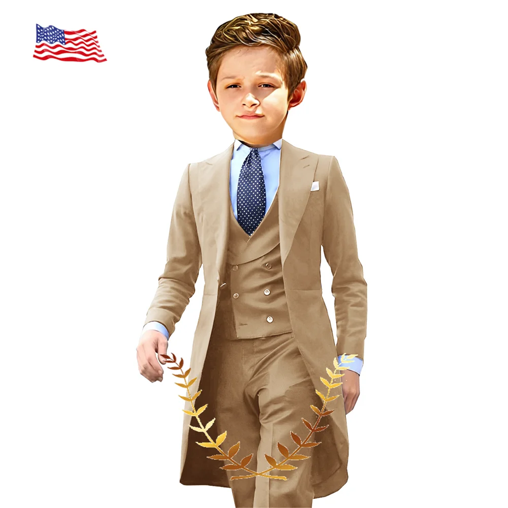 Boys Suit Long Jacket Vest Pants 3 Piece Set Wedding Tuxedo 2-16 Years Old Kids Clothes Formal Blazer