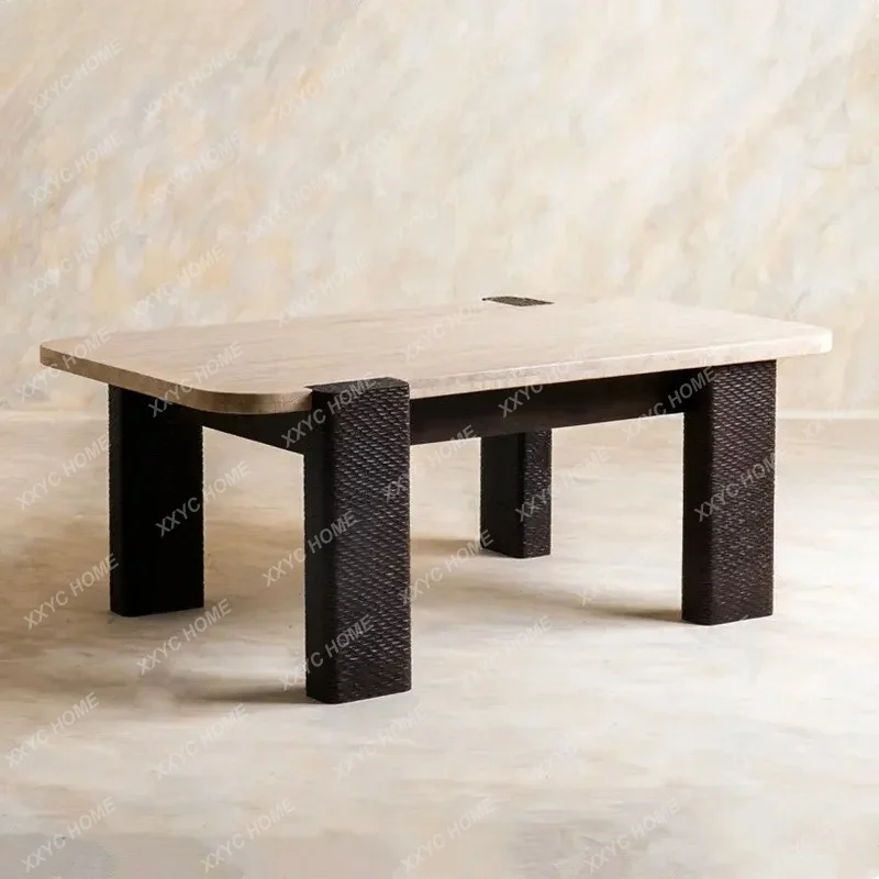 AA retro small apartment solid wood carving flower rectangular tea table