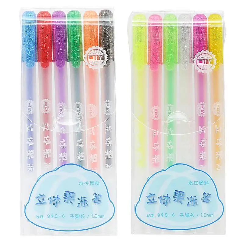 3D Jelly Pen Set 6 Pcs Waterproof Colored Gel Pens For Kids Smooth Writing 3D Gel Pens For Scrapbook Journals For paint Drawing