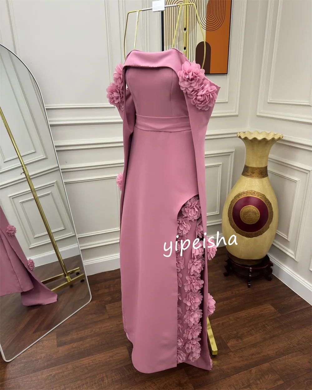 Customized High Quality Jersey Handmade Flower A-line Off-the-shoulder Midi Dresses Prom Dresses Pastrol Intricate Matching