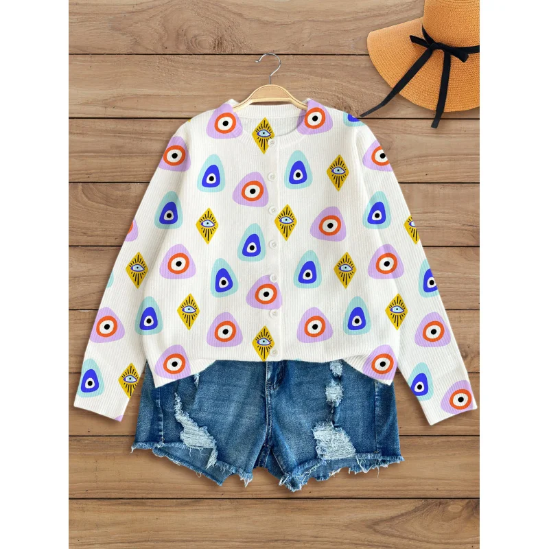 

Colorful Eye Print Digital Print Women's Knit Cardigan Thick & Loose Fit Round Neck Long Sleeve Autumn/Winter Casual Style