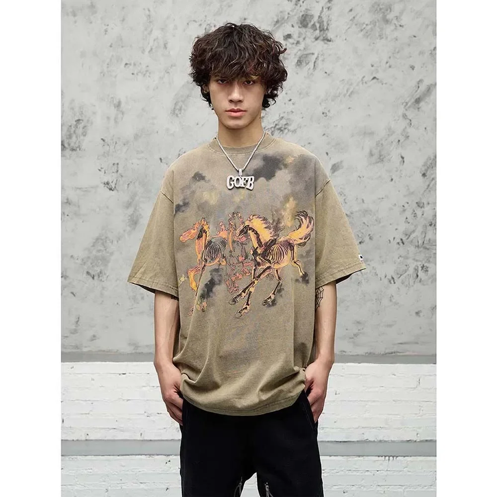 MADE EXTREME Flame horse t-shirts hip hop distressed t shirts for men 2023 summer oversized t shirt  harajuku unisex tee