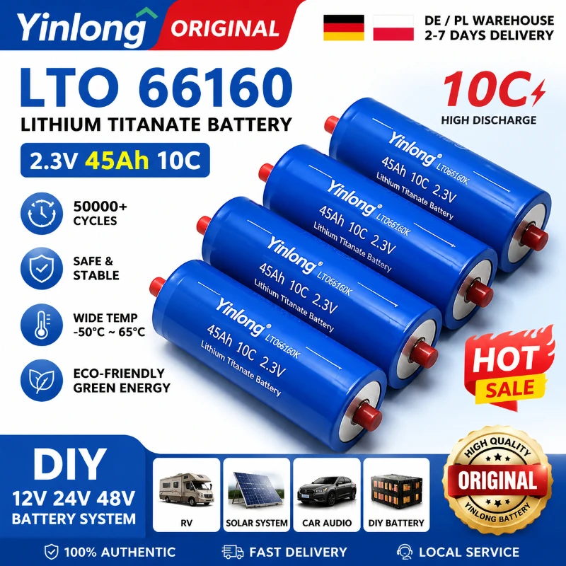 Batterie au lithium titanate Yinlong 2.3V 45Ah LTO, cellule 66160, pack de stockage d'énergie solaire DIY 12V 24V 48V pour camping-car, véhicule électrique, système audio de voiture, alimentation de secours, batterie rechargeable, haute sécurité, longue durée de vie, entrepôt UE, livraison rapide PlusEU