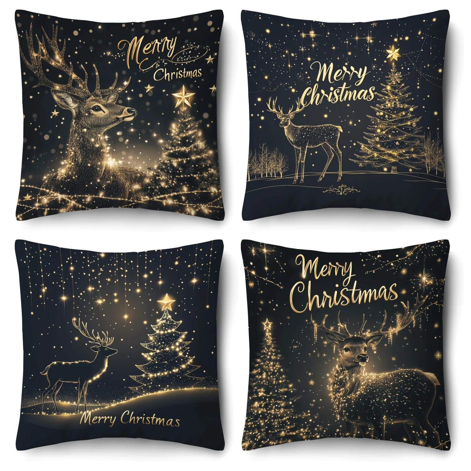 4-Pack Christmas Cushion Covers, Reindeer Starry Sky Print, Polyester Zippered Washable, for Living Room Decor