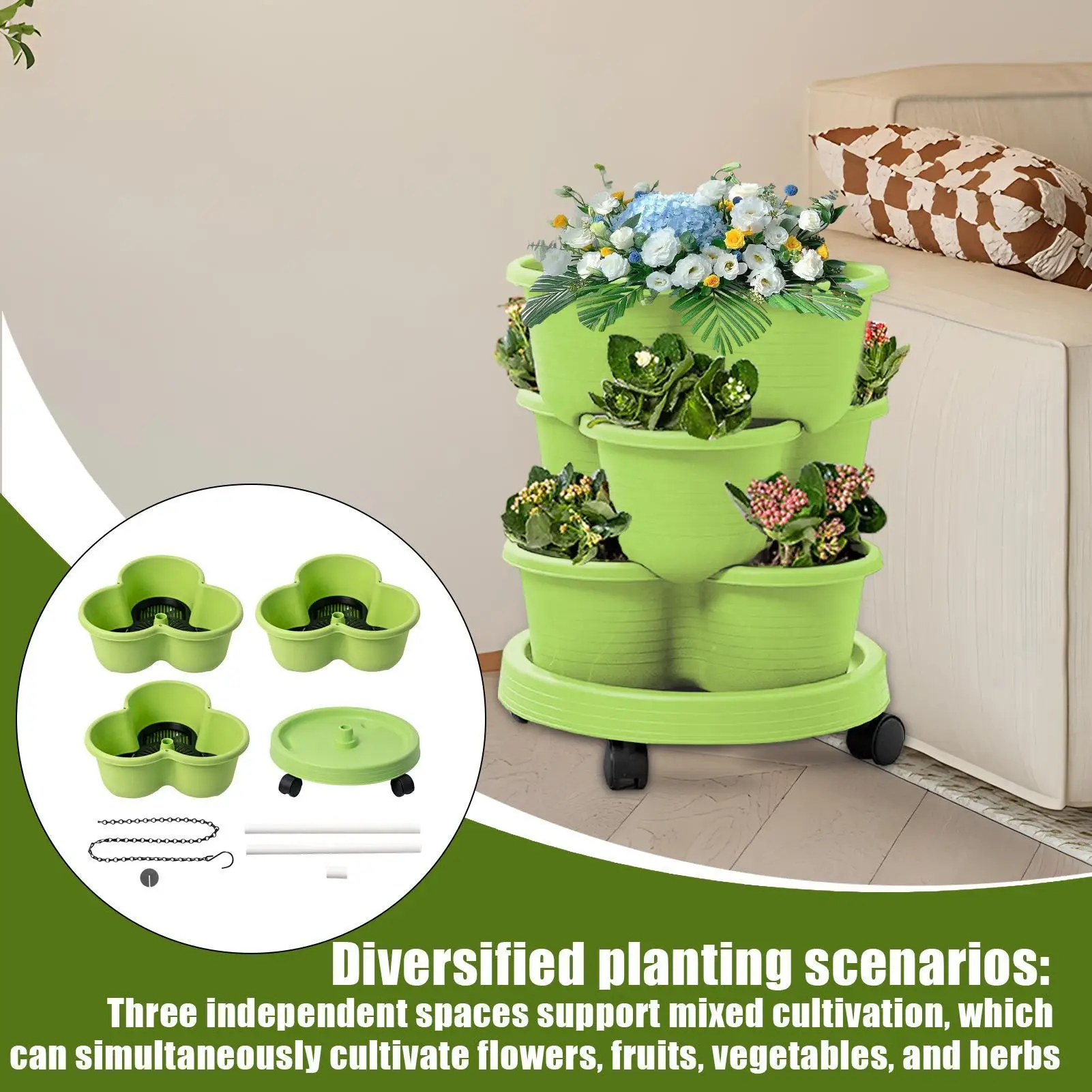 

Vertical Planter Stackable Planter 3-Tier Tower With Removable Wheels Tools For Flowers Vegetables Strawberries Indoor Kitchen
