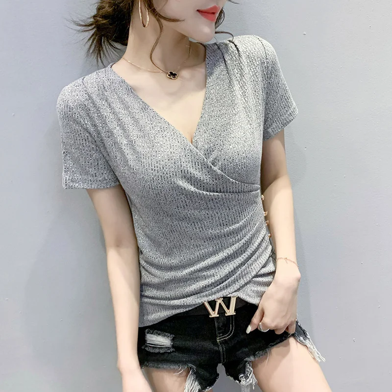 #5155 Black White Grey Knitted T Shirt Women Stretch Cotton Casual Wrap T Shirt Female Short Sleeves V Neck Womens Tshirt Slim