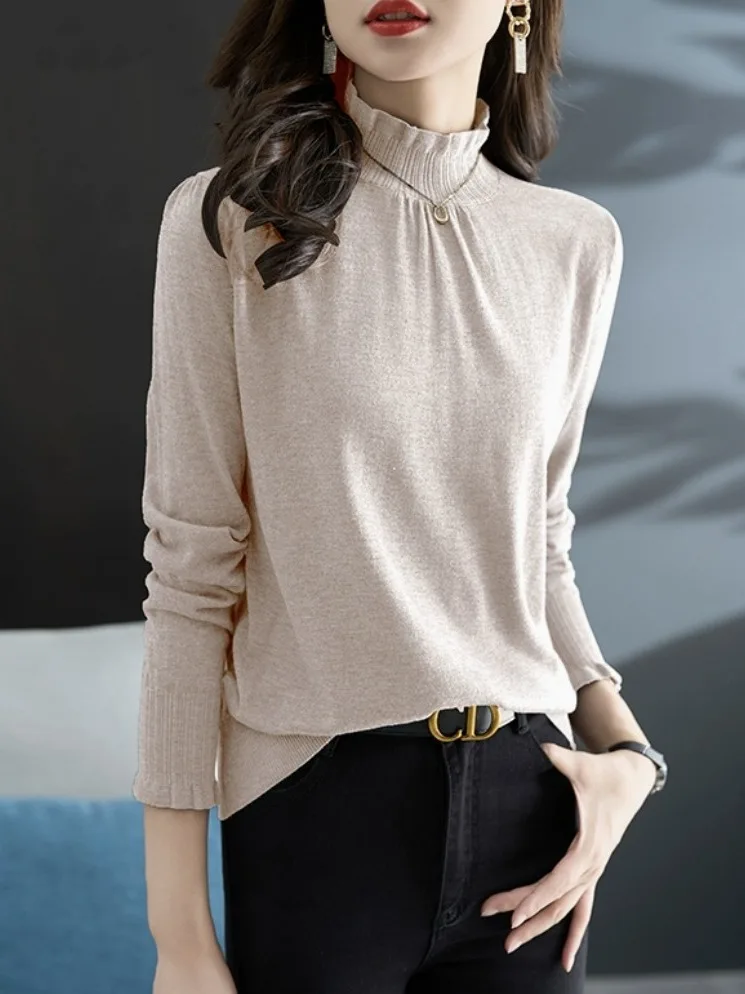 Faionable ey f High Ne Musoom طوق سترة المرأة الخريف الشتاء جديد Sle ملابس داخلية قاعدة irt تخفيف Sle