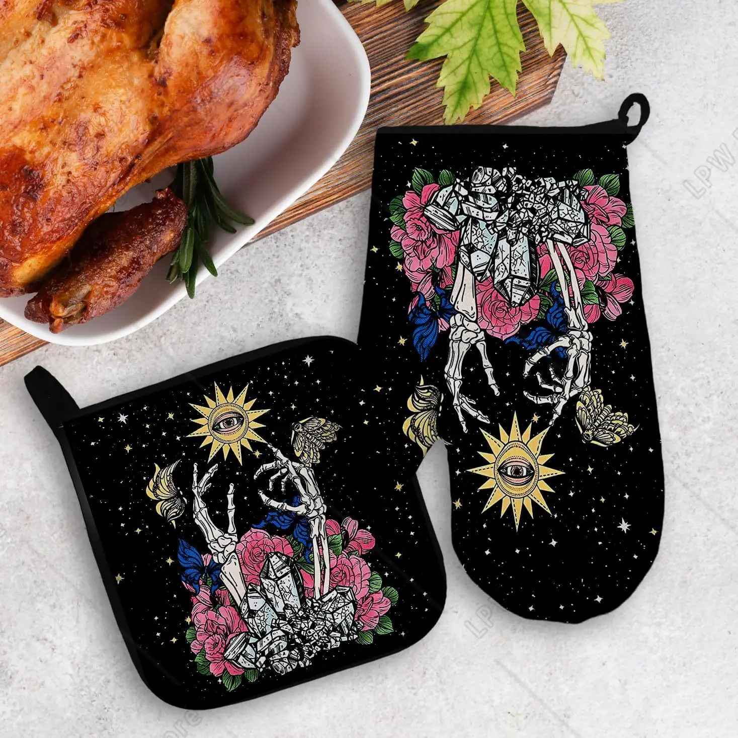 Goth Skull Sun Oven Mitts and Pot Holders Sets Black Skeleton Heat Resistant Potholder Kitchen Decor Gothic Skull