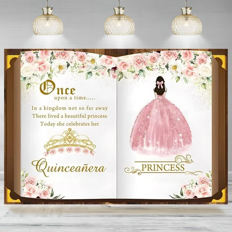 Once Upon a Time Backdrop Story Book Pink Floral Gold Crown Princess Girl Photography Background Wedding Baby Shower Banner