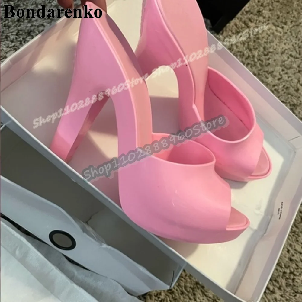 

Lovely Pink Patent Leather Platform Slippers Thick Heel Shoes For Women Slip On Peep Toe Fashionable Casual Zapatos Para Mujer