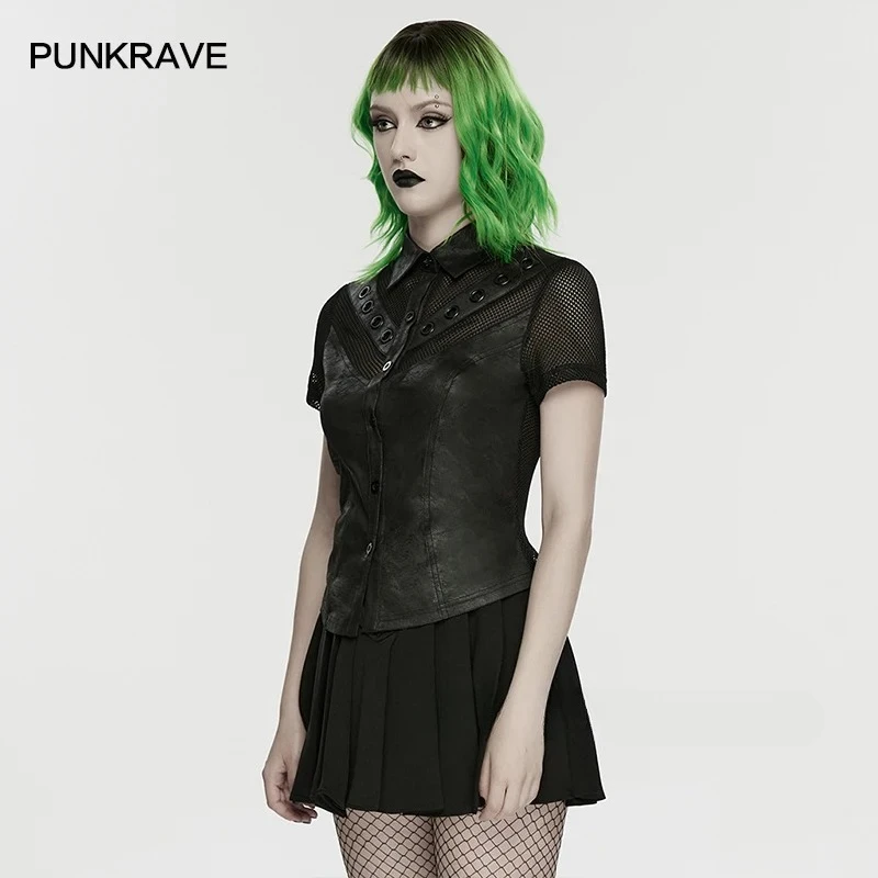 PUNK RAVE Women's Punk Cracked Leather Mesh Spliced Personalized  Shirt  Black Eyelets Slim Dark Tops