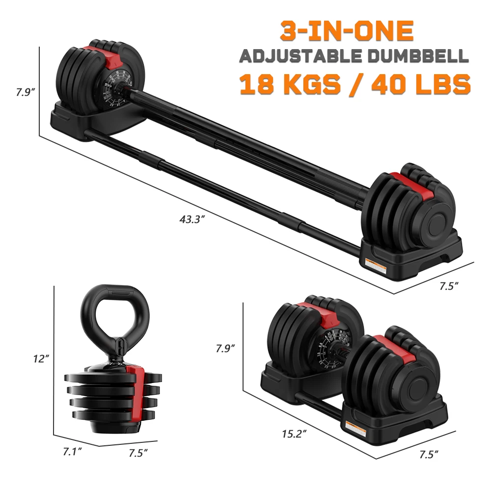 

3 In 1 Design 18 Kg 40 Lb Multifunctional Free Adjustable Dumbbell Weight Barbell For Women New