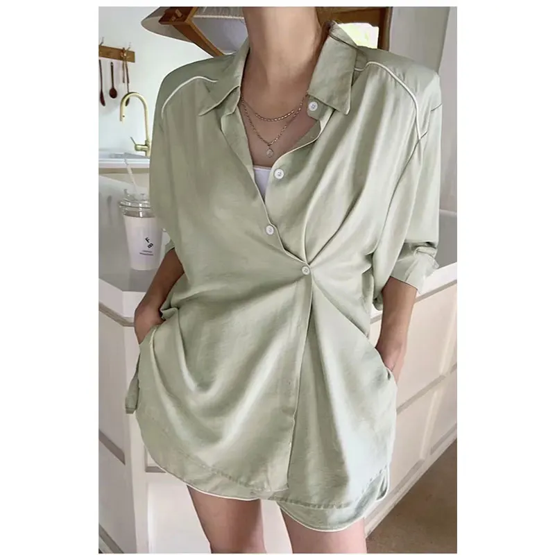 

Ladies Casual Long Sve Sun Protection irt Set Pure Color High Waist Wide Leg ort Pants Two Piece Suit Polyester Spring...