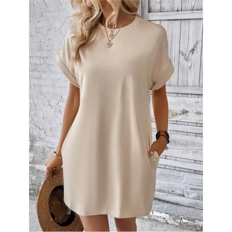 

Fashion Simple Resort Style Beach Dresses For Women's 2025 New Summer Solid O Neck Loose Short Sleeved Pocket Mini Dress Femme