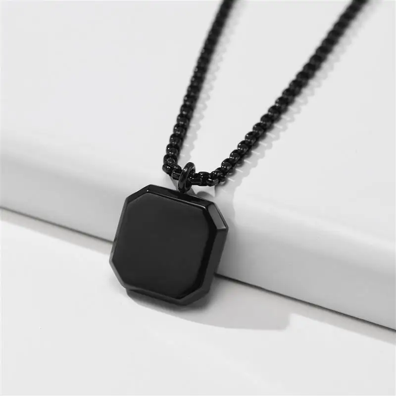 Square Natural Stone Necklace for Men Women Fashion Stainless Steel Geometric Polygon Pendant Casual Punk Vintage Jewelry Gift