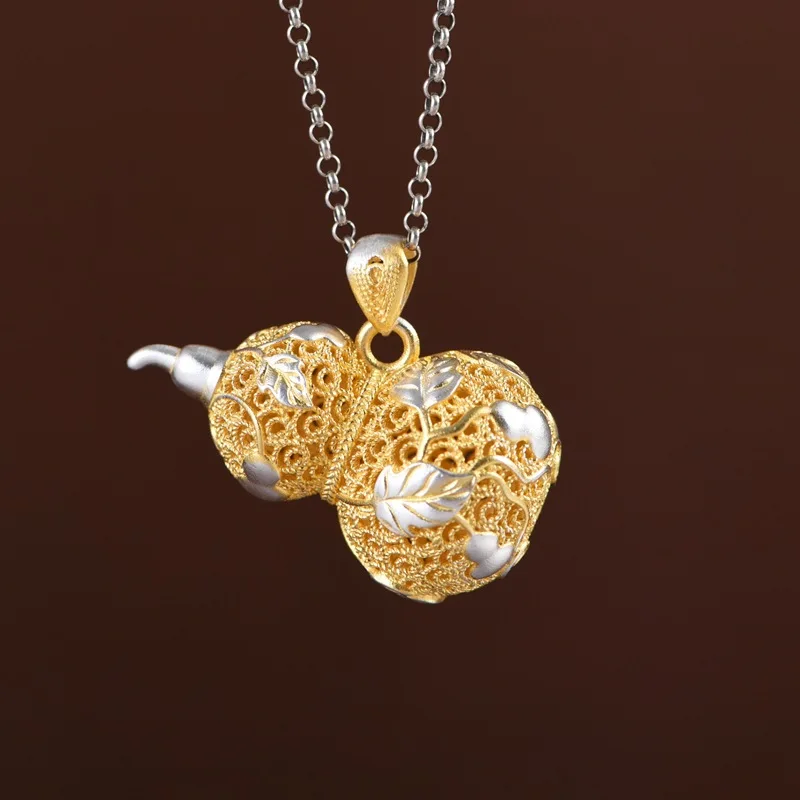 

Stunning Gilded 999 Silver Gourd Pendants for Women Hollow Filigree China Chic Jewelry Ethnic Fashion Gourd Necklaces NO Chains