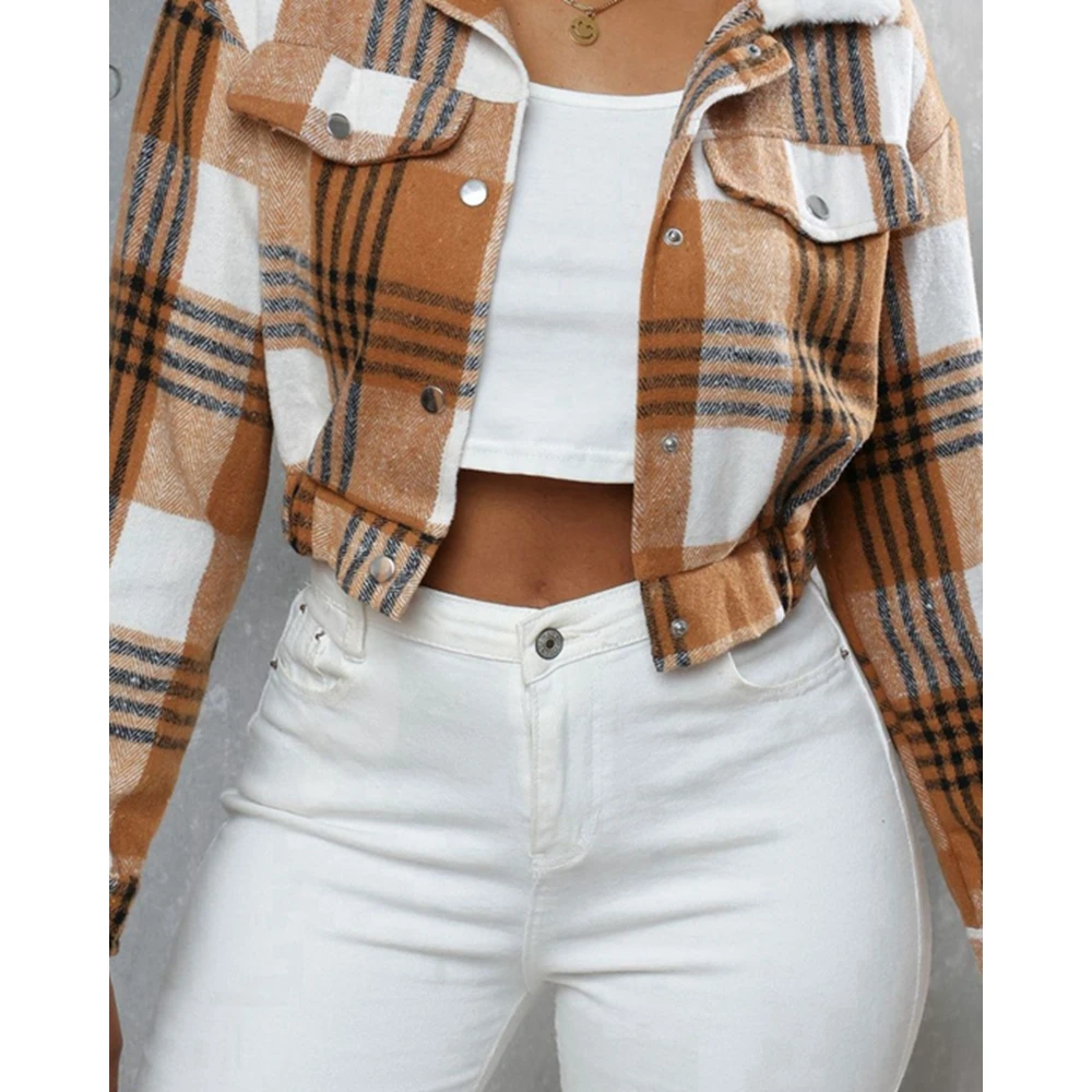 Women Fluffy Turn-down Collar Covered Button Short Jacket Autumn Long Sleeve Coat Outfits Winter Clothing