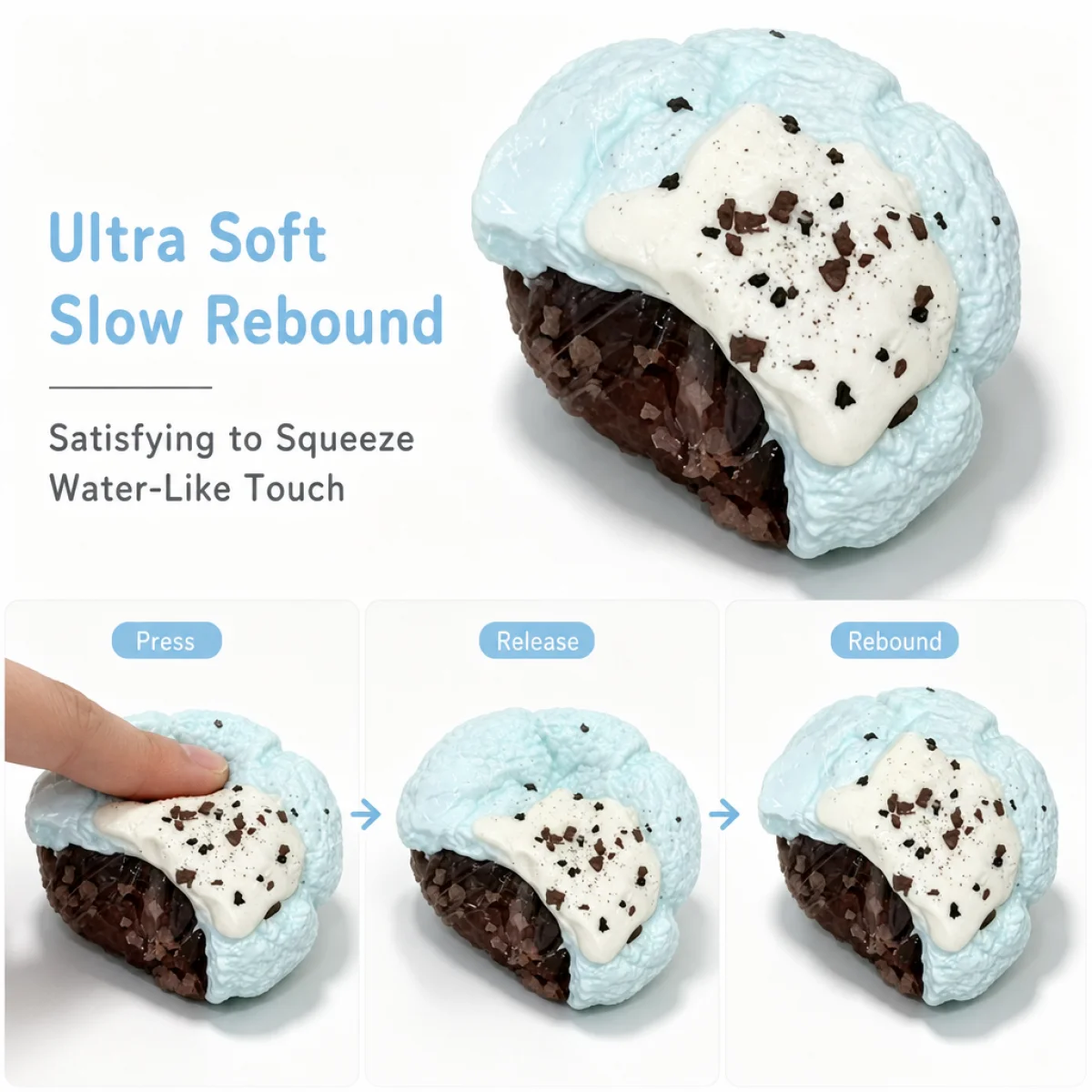 Food Grade Cream Pastry Squishy Toy Light Blue Fluffy Bun With White Cream Cookie Crumb Topping Soft Slow Rebound Squeeze ToY