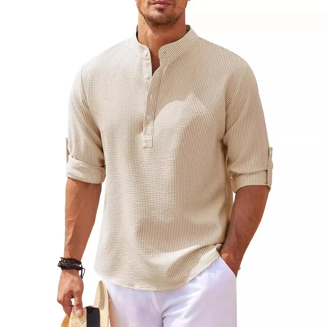 Men's Men's Long Sleeve Shirt Stand-Up Collar Half-Open Button Shirt Pineapple Checked Shirt Men's Casual Shirt Top Wholesale