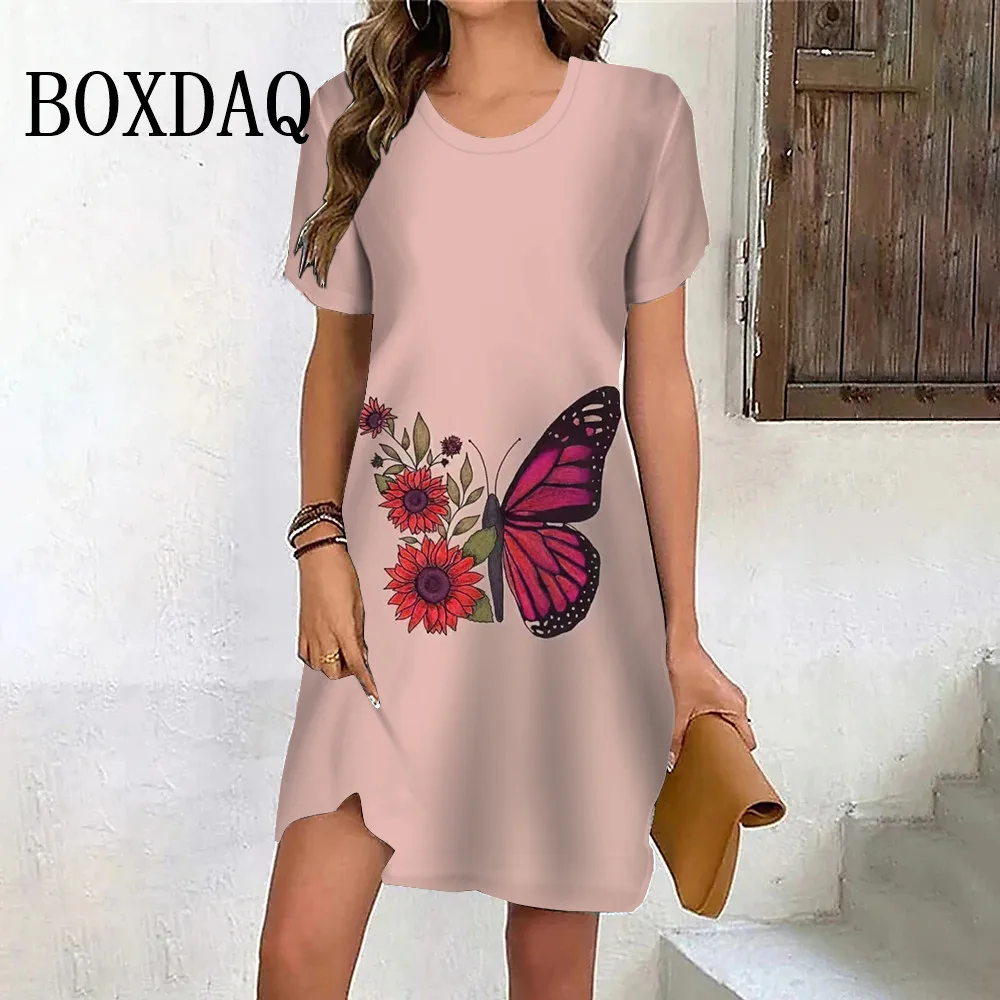 Summer Sweet Butterfly Sunflower Dress Sundress Loose Print Women Mini Dress Short Sleeve Casual O-Neck Ladies Clothes