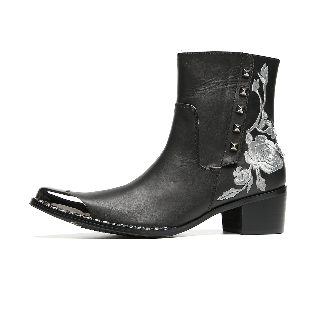 Men's Creative Pattern Vintage Black Mid-Heel Boots Metal-Tip Cowboy Boots High-Top Riding Boots