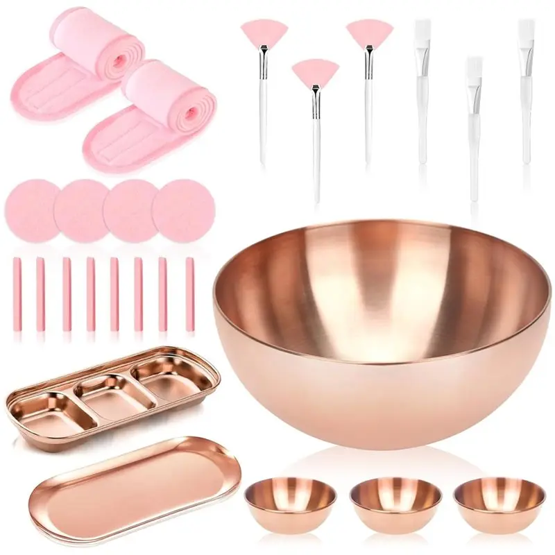 A33Z-26 Rose Gold Esthetician Supplies Kits 3 Facial Bowls Large Spa Bowls 3 Fan Brushes Makeup 3Face Mask Brushes Salon Tray