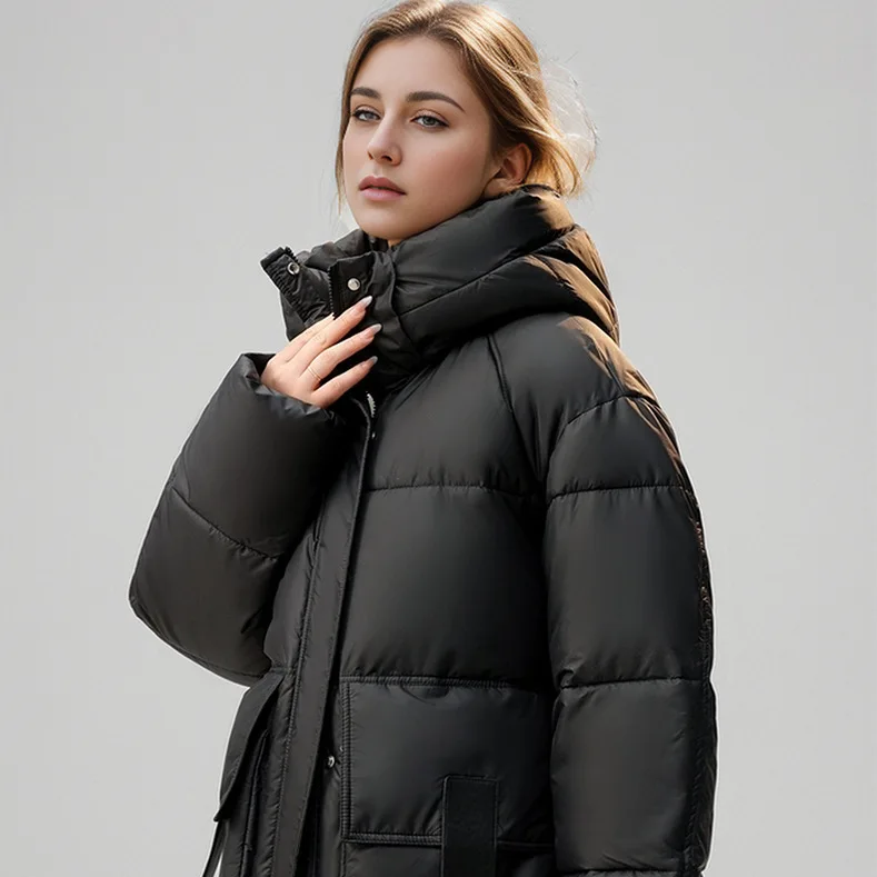 

Loose Women Knee-length Hooded Long-sleeved Warm Cotton Coat 2025 Female Winter Jacket Casual Hooded 2 Pocket Cotton Jacket