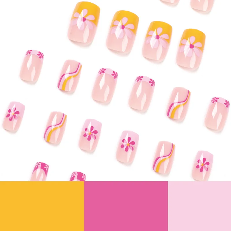 24Pcs rectangular False Nail Pink yellow border French small flower wave Wearable Manicure Press ON Nails Solid