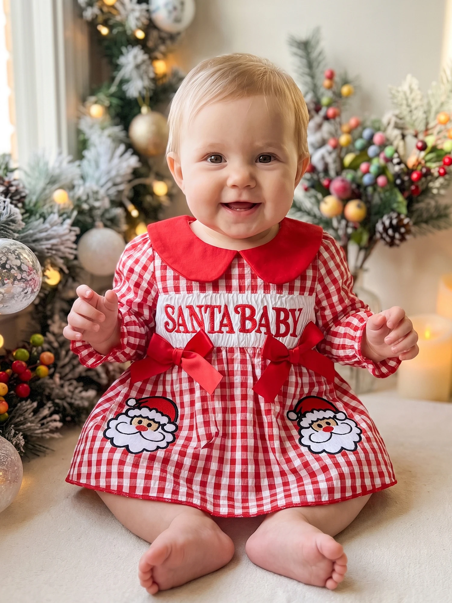 Christmas-Romper Embroidery Plaid Christmas-Romper-Dress Long Jumpsuit Girl Long Sleeve Christmas-Romper Embroidery Plaid