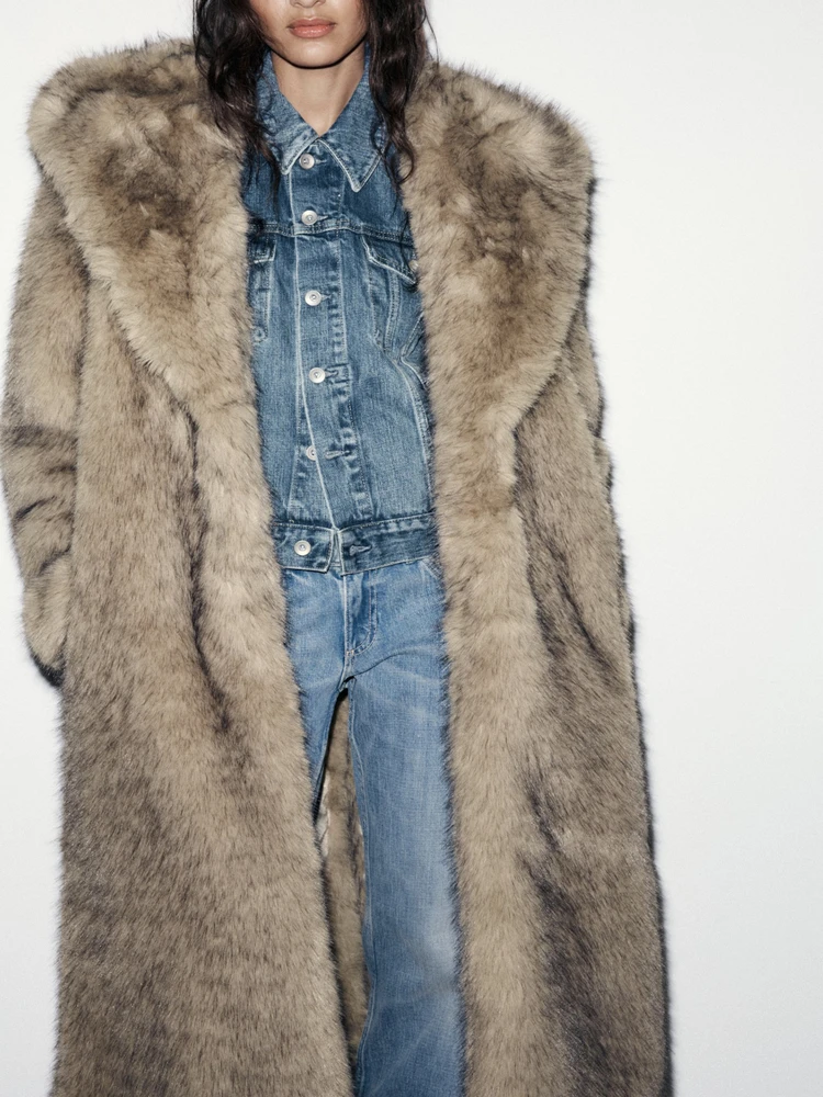 Fashionable Long Artificial Fur Coat with Hood Women's Premium Quality Simulation Fur Jacket Loose Fit European Style Winter ...
