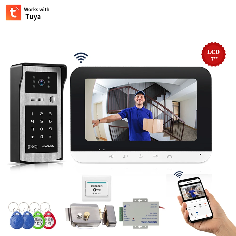 

TUYA Wireless Wifi Video Doorbell 1080P 7 Color Touch Screen Smart APP Home Intercom Kit for RFID Access Control System